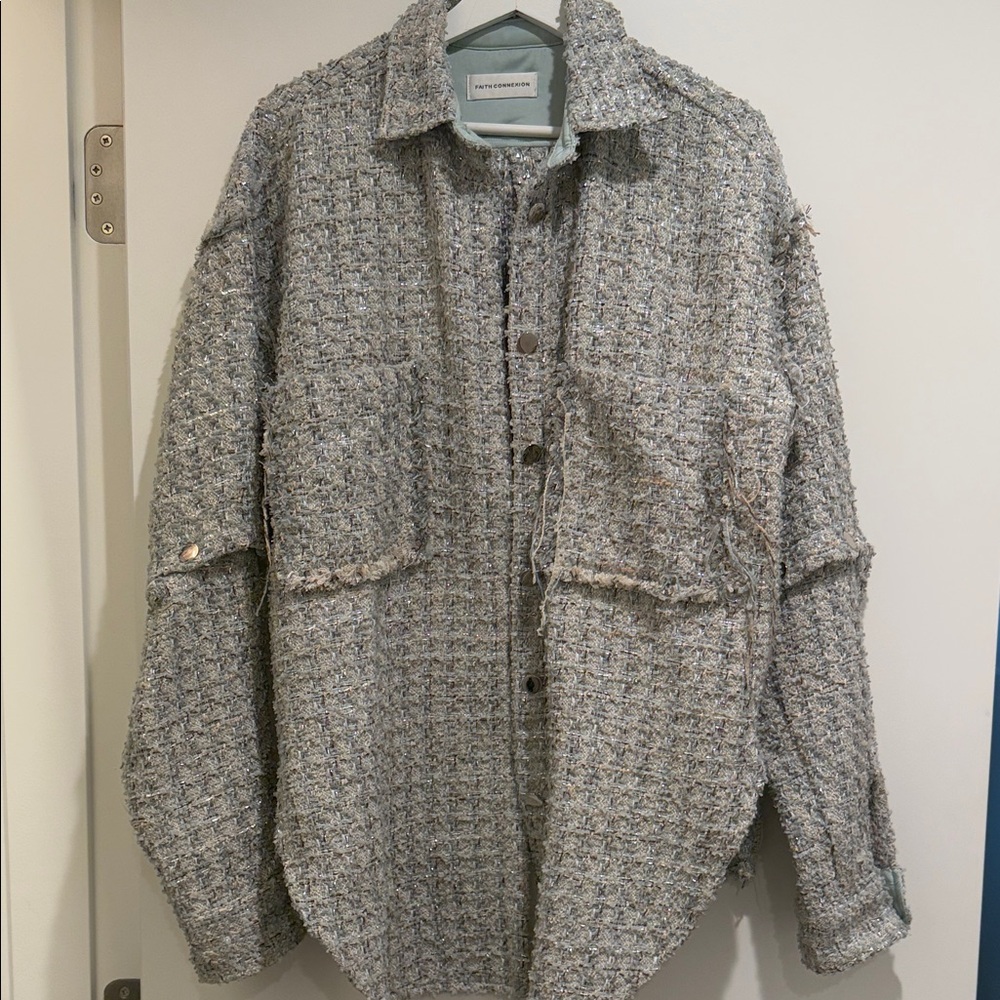 Blue and Silver Tweed Women‘s Oversized Jacket